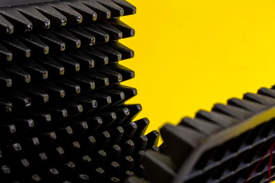Close-up of black acoustic foam panels with a vibrant yellow background.